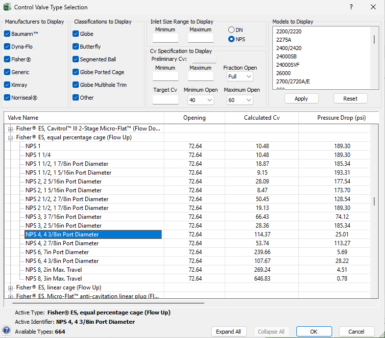 ProMax control valve selector comparing calculated flow coefficient and pressure drop